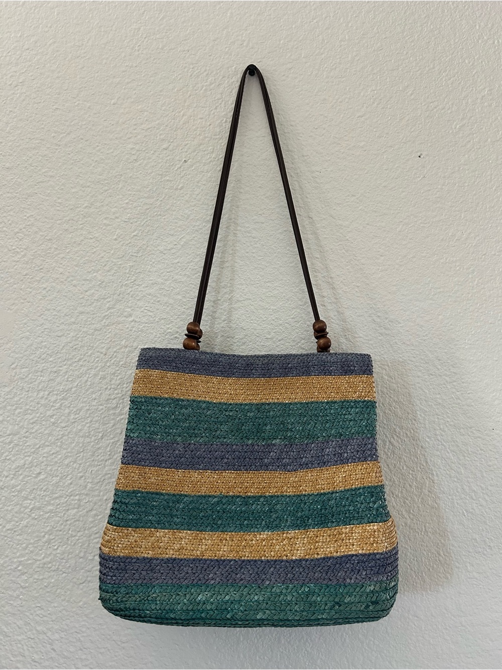 Striped Woven Tote Bag in Teal, Navy & Tan